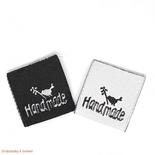 Textilní etiketa Handmade s ptáčkem 20mmx20mm