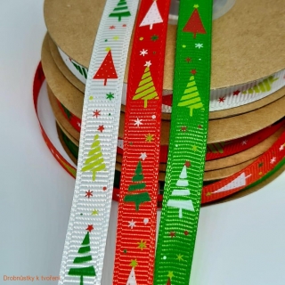 Stuha rypsová vánoční 10mm s motivem stromečků