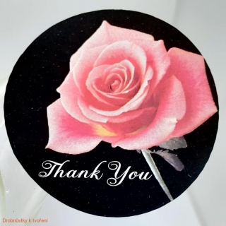 Etiketa nálepka "Thank you" 40mm černá s růží 12ks/bal