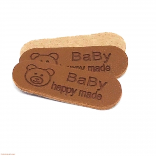 Koženkový štítek Baby 30mm bez dírek - světlý hnědý s medvídkem