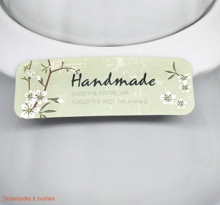 Etiketa nálepka Handmade 50mmx17mm zelená s kytičkama 12ks/bal