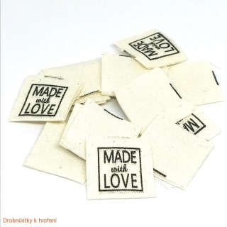 Textilní etiketa MADE with LOVE 20mmx20mm přírodní