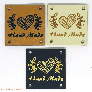 Koženkový štítek Hand Made 25mm srdce s větvičkama