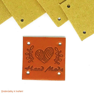 Koženkový štítek Hand Made 25mm srdce s větvičkama přírodní